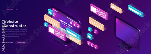 Website constructor isometric concept vector illustration. Software landing page template for creating customize website design, interface, computer monitor with 3D icons on ultraviolet background