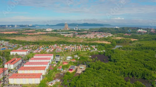 Aerial Drone Footage Of Beautiful Rural Town Of Menggatal Town, Sabah, Malaysia photo