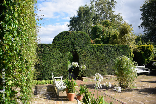 beautiful garden/park with a bench on a sunny day