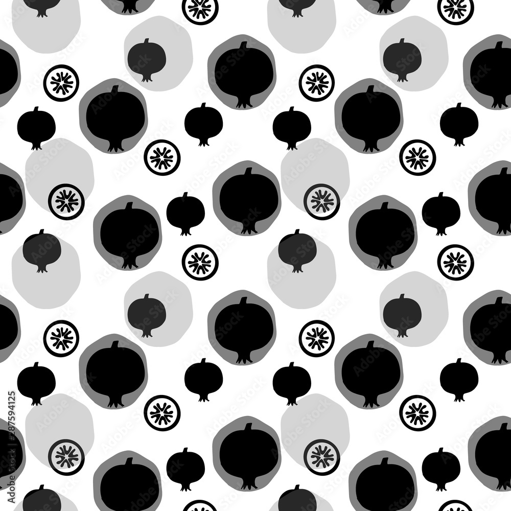 Fototapeta premium Abstract seamless pattern with image of pomegranate, vector. Abstract geometric seamless pattern in black and white. Scandinavian style design
