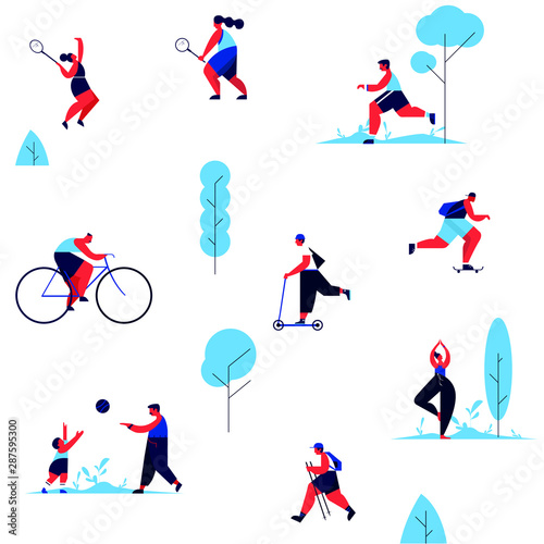 People spending time outside in park performing summer outdoor activities: riding bicycle, doing yoga, playing ball with children, jogging. Geometry flat minimalism style. Vector illustration.