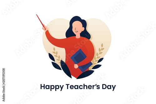 Happy teacher's day poster background concept. Pretty Woman Teacher explaining gesture with beautiful flower ornament and love heart frame. vector flat illustration creative graphic design