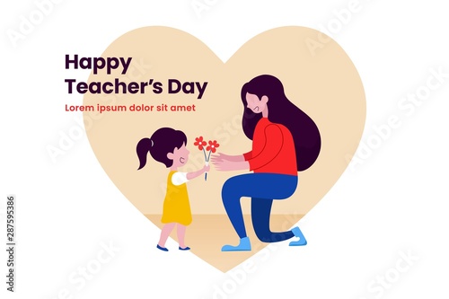 Student girl giving flower to her teacher vector flat illustration for happy teacher's day background poster concept graphic design