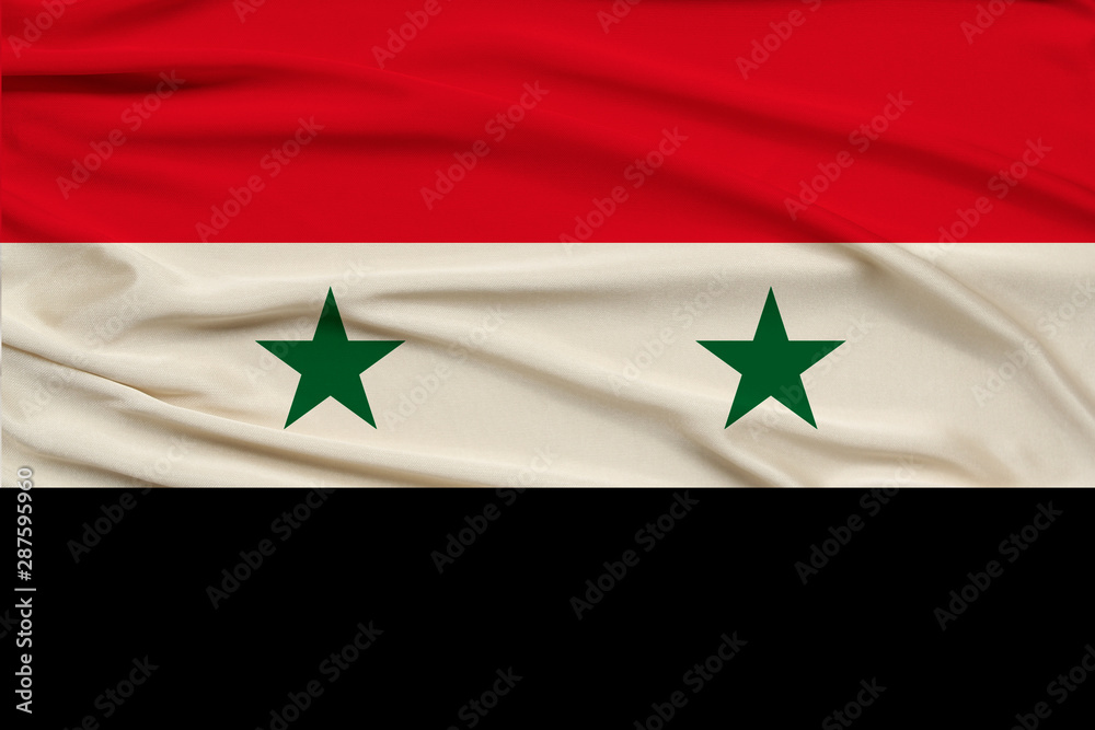 beautiful photograph of the national flag of Syria on delicate shiny silk with soft draperies, the concept of state power, country life, horizontal, close-up, copy space beautiful photograph of the national flag of Syria on delicate shiny silk with soft draperies, the concept of state power, country life, horizontal, close-up, copy space