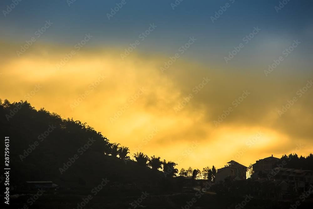 Sunrise dawn sunset dusk hillside terraced fields scenery of beautiful Sapa Vietnam Asia