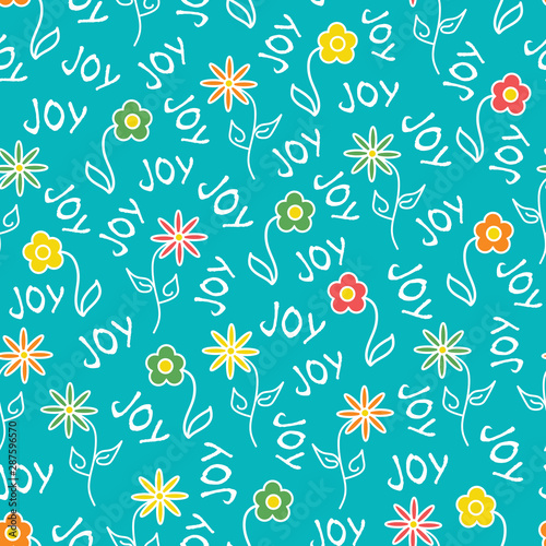 Vector Red Orange Green Yellow Flowers Floral on Green Seamless Repeat Pattern