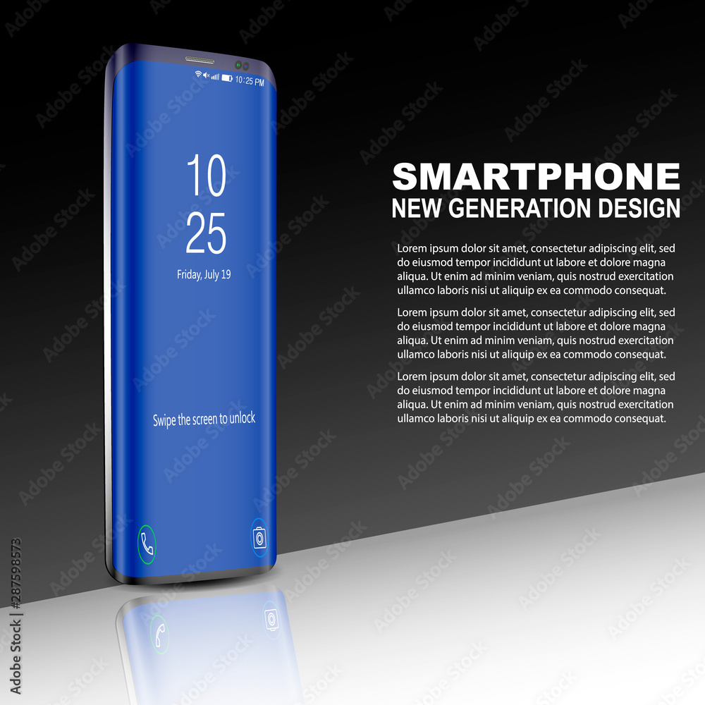Obraz premium Black phone with touch screen on black background with reflection and shadow, text 