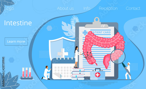 Intestine doctors examine, treat dysbiosis. Tiny therapist looks through a magnifying glass