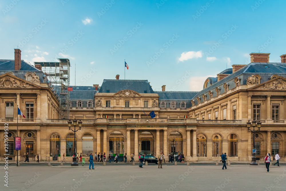 Great panoramic view of the Conseil d’État, the Council of State of the French national government. The historical building was the former Palais Royal, built in 1624 by Cardinal Richelieu.