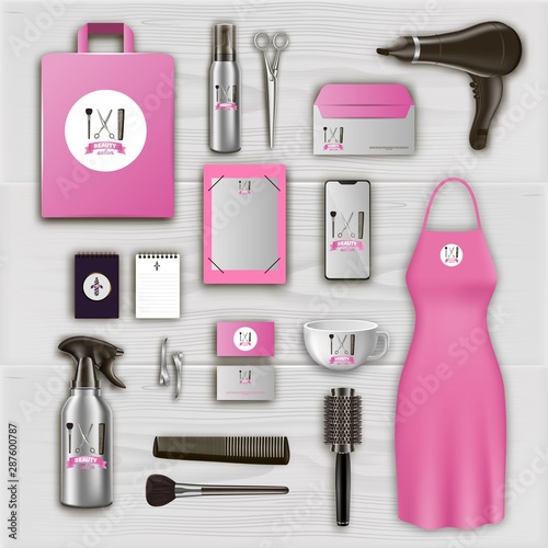 Pink Logo on Items in Beauty Salon. Tools on Table