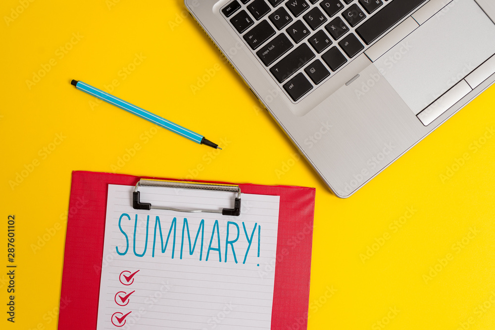 Writing note showing Summary. Business concept for brief statement or account of main points of something subject Trendy metallic laptop clipboard paper sheet marker colored background Writing note showing Summary. Business concept for brief statement or account of main points of something subject Trendy metallic laptop clipboard paper sheet marker colored background