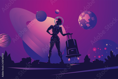 Woman astronaut in spacesuit with travel bag. Space trip cartoon illustration. Futuristic concept.