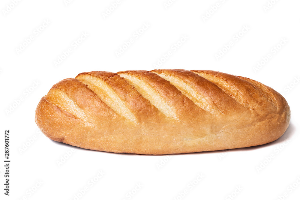 Loaf of bread isolated on white background. Whole bread.Horizontal frame.Studio