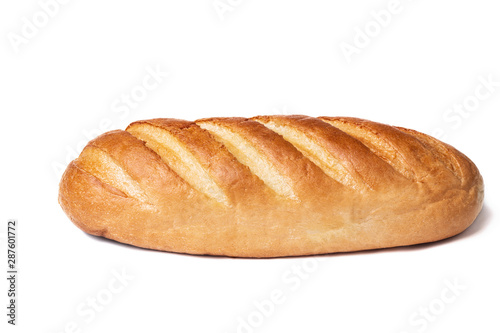 Loaf of bread isolated on white background. Whole bread.Horizontal frame.Studio