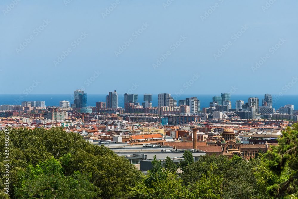 Panoramic view at Barcelona city and sea