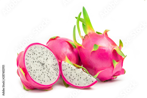 Close up fresh dragon fruit with cut in half isolate on white background