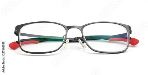 Close up Black and red glasses for view vision isolated on white background.