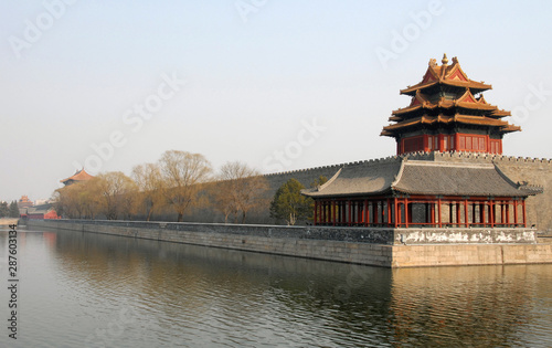 Forbidden City, Beijing, China. A corner tower seen from outside the Forbidden City. The Forbidden City has traditional Chinese architecture. The Forbidden City is also the Palace Museum, Beijing.