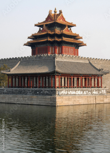 Forbidden City  Beijing  China. A corner tower seen from outside the Forbidden City. The Forbidden City has traditional Chinese architecture. The Forbidden City is also the Palace Museum  Beijing.