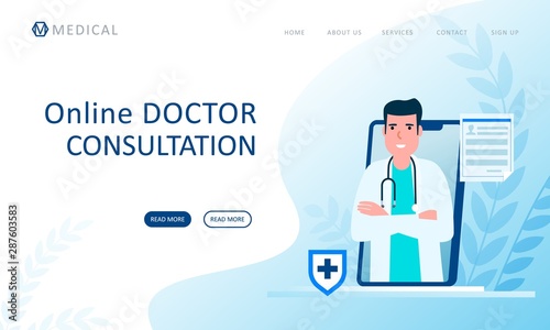 Online consultation doctor concept. Flat design concept of online medicine and healthcare application for website. Medical diagnostics over the Internet. Doctor online landing page vector.