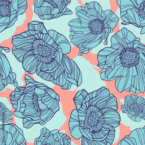 Seamless colorful design stylized flowers lush peony.