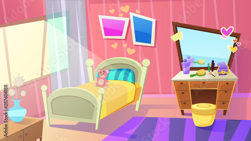 Girls Bedroom Interior. Home Girls Room with Bed