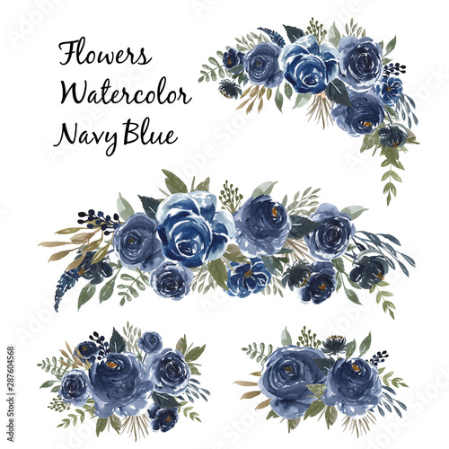 watercolor set of flower bouquet navy blue