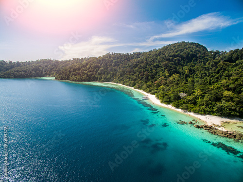 Koh LIPE Thailand. Aerial view a paradise with perfect crystal clear turquoise ocean water. pure white sand beach on Ko Lipe island, South Thailand. 