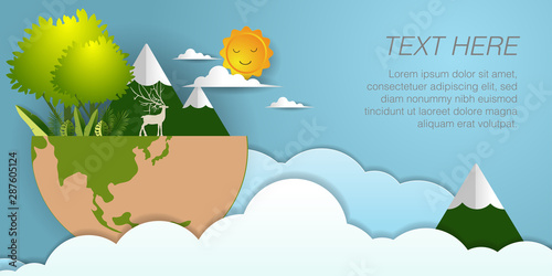 Paper art of green forest and deers wildlife on earth, ECO friendly and environment conservation concept, Flat and digital craft style vector illustration.