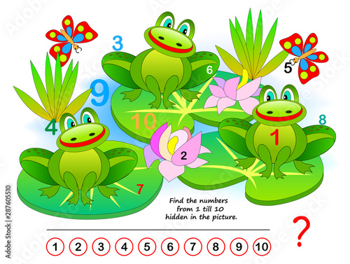 Logic puzzle game. Exercise for young children. Find the numbers from 1 till 10 hidden in the picture. Developing counting skills. IQ training test. Printable worksheet for kids book. Back to school.