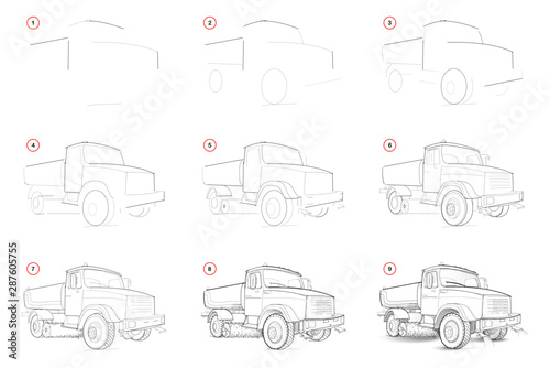 How to draw step-wise sketch of road cleaning watering machine. Creation step by step pencil drawing of car. Educational page for school textbook for developing artistic skills. Hand-drawn vector.