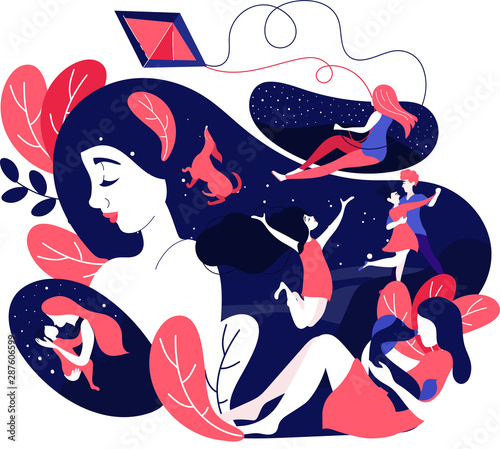 Woman having nostalgic flashback memories of her life as she remembers her childhood flying kites, being a teenager, dating, romance, love, having a baby in a blue and pink vector cartoon illustration