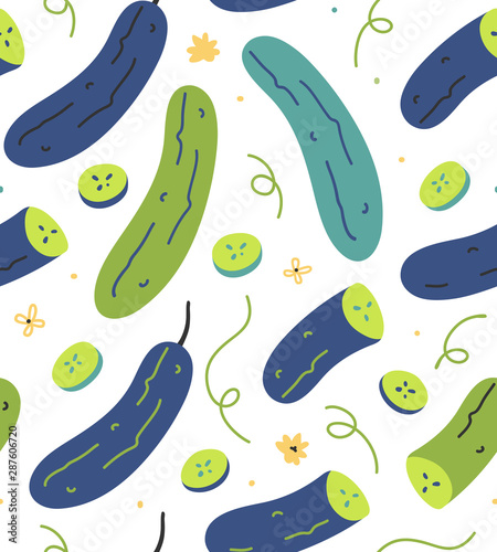 Seamless vector pattern with hand drawn cucumber green vegetables. Endless repeat background of  handdrawn veggies with slices and doodles. Trendy flat naive style. good for print fabric or wrapping.