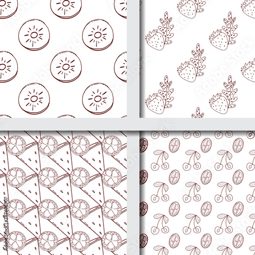 Tropical fruit line pattern. Tropical fruits home textile design background. Elegance sketch style photo