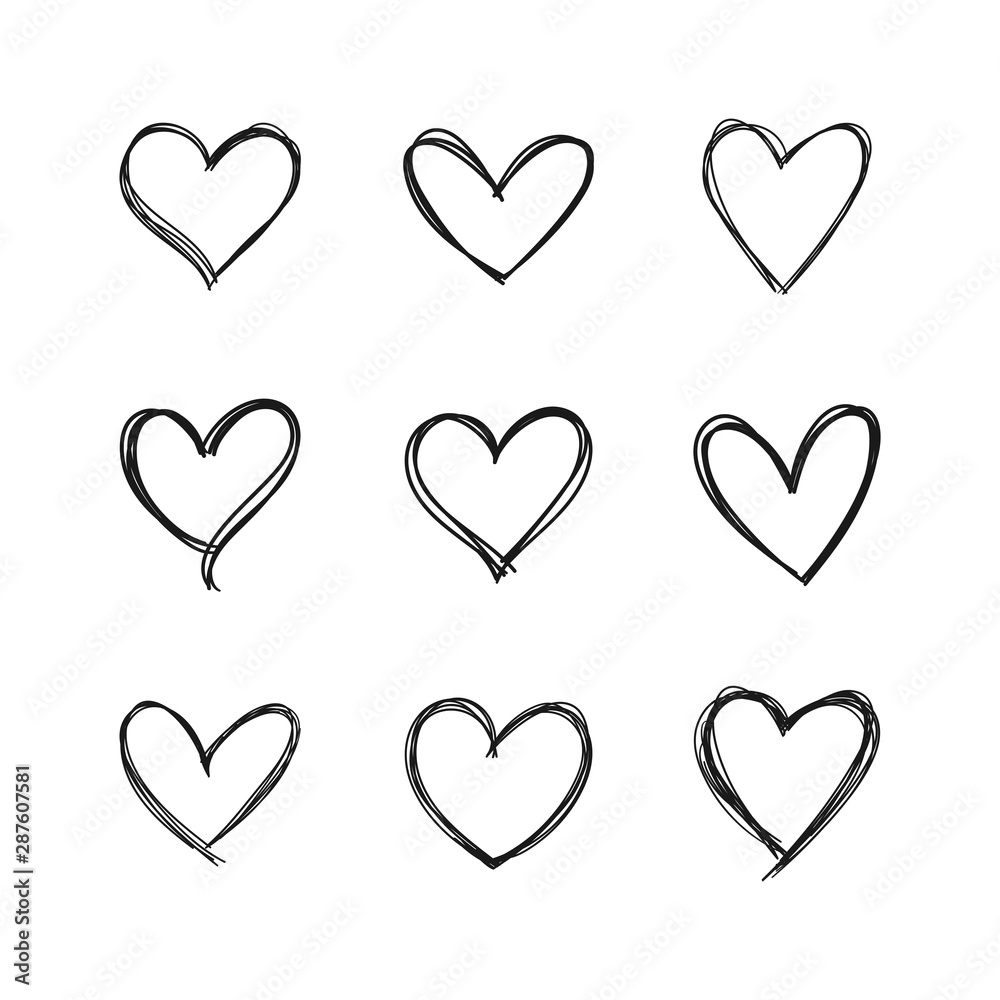 Hand drawn hearts. Linear heart doodles collection.