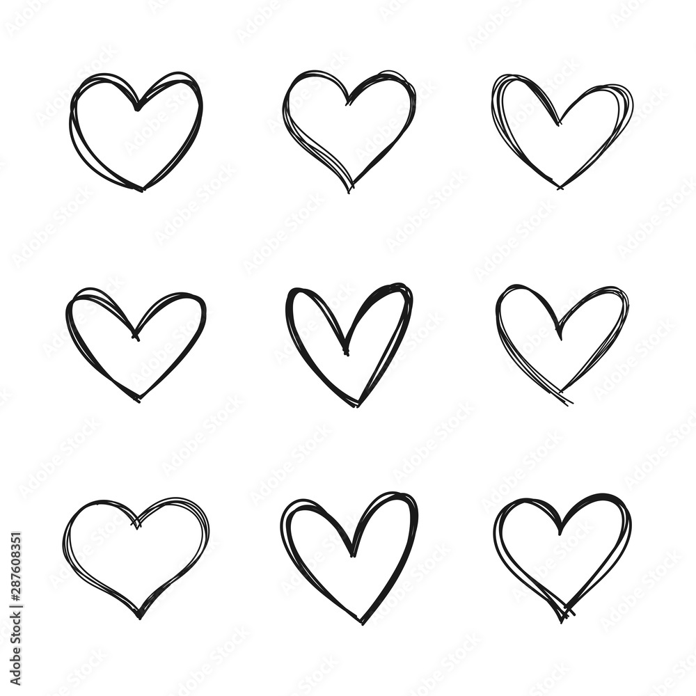 Hand drawn hearts. Linear heart doodles collection. Hand drawn hearts. Linear heart doodles collection.