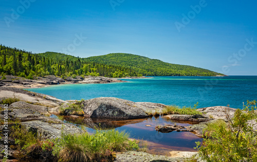 Colorful rocky shoreline at Neys Provincial Park