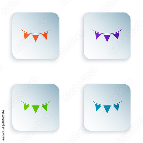 Color Carnival garland with flags icon isolated on white background. Party pennants for birthday celebration, festival and fair decoration. Set icons in colorful square buttons. Vector Illustration
