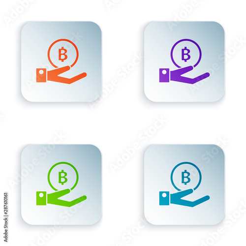Color Hand holding Bitcoin icon isolated on white background. Blockchain technology, digital money market, cryptocoin wallet. Set icons in colorful square buttons. Vector Illustration