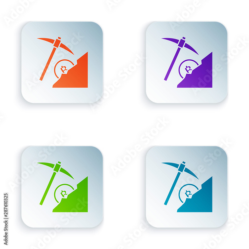 Color Cryptocurrency cloud mining icon isolated on white background. Cloud with pickaxe, bitcoin, digital money market, cryptocoin wallet. Set icons in colorful square buttons. Vector Illustration