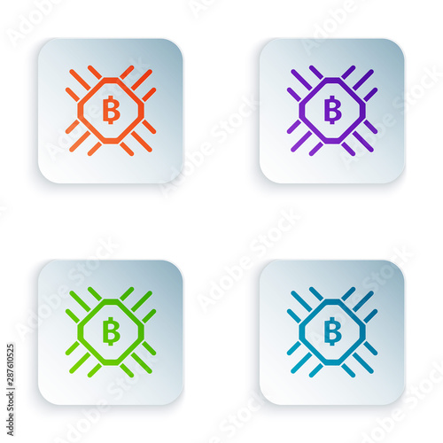 Color CPU mining farm icon isolated on white background. Bitcoin sign inside processor. Cryptocurrency mining community. Digital money. Set icons in colorful square buttons. Vector Illustration