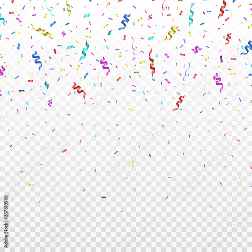 Colorful bright confetti on transparent background. Festive illustration for holiday design.