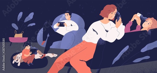 Family gadget addiction problem concept flat vector illustration. People holding smartphones and tablets. Adults and children social media networks users. Parents and kids surfing Internet at home.