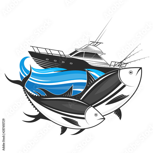 Boat with fishing rods and two tuna on the waves