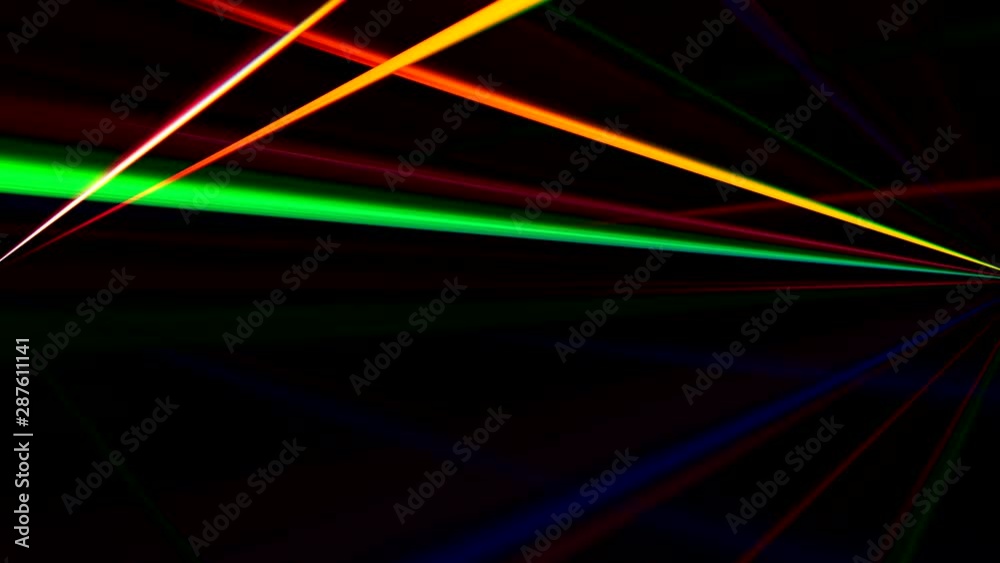 Glowing rays motion. Disco lights. Neon pink green illuminated lines.
