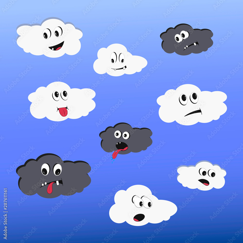 Set of emoticons in the shape of a cloud with a different mood. Vector cartoon in comic style. Set of emoticons in the shape of a cloud with a different mood. Vector cartoon in comic style.