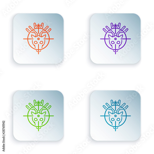 Color Hunt on deer with crosshairs icon isolated on white background. Hunting club logo with deer and target. Rifle lens aiming a deer. Set icons in colorful square buttons. Vector Illustration