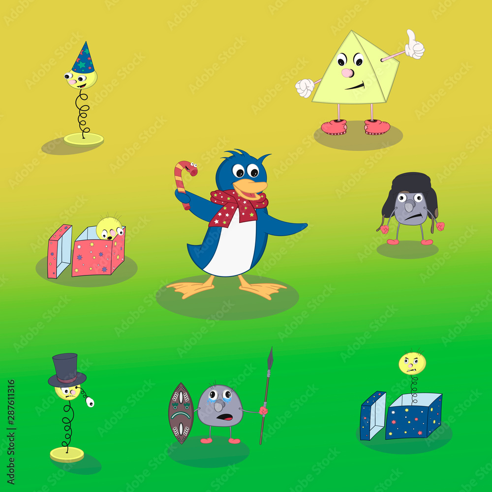 Fototapeta premium Set of vector cartoon characters in different emotions and poses: penguin, spring and pyrimid on a colorful background.
