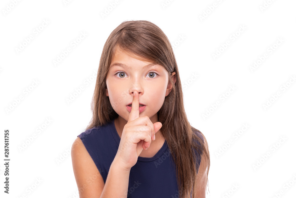 Little girl presses her finger to her lips. Isolated on white. Little girl presses her finger to her lips. Isolated on white.