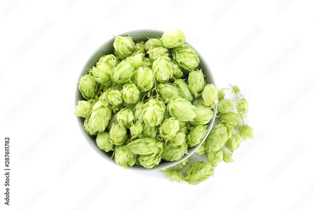Bowl with hop cones isolated on white background